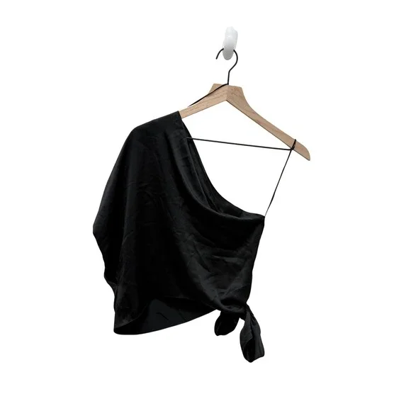 THE SEI Black 100% Silk One Shoulder Side Tie Draped Blouse Top Size 0 - Picture 6 of 6